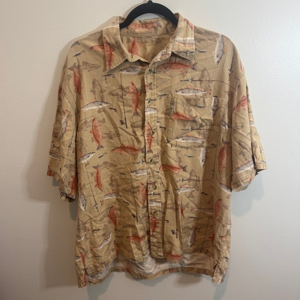 Columbia PFG Fish Print Shirt Mens XL Tan Trout Fishing Rod Short Sleeve Vintage